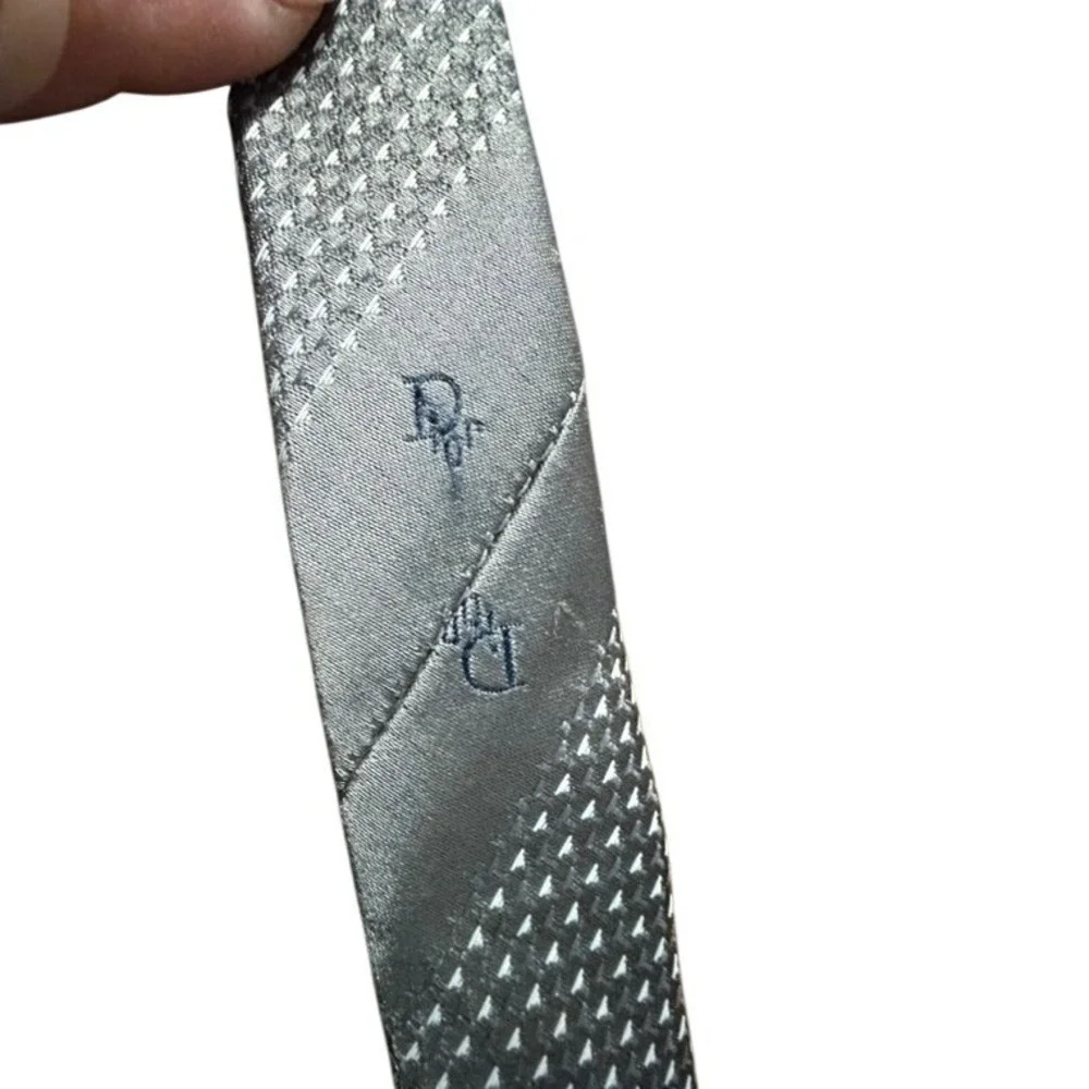 Christian Dior Monsieur Silver Grey Geometric Logo Necktie Silk Look Polyester